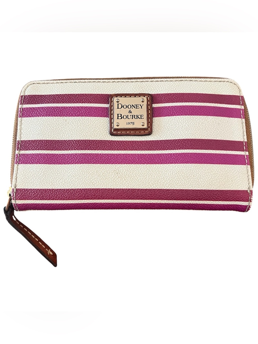 Dooney & Bourke Seaview Skipper Cream and Hot Pink Striped Zip Around Wallet